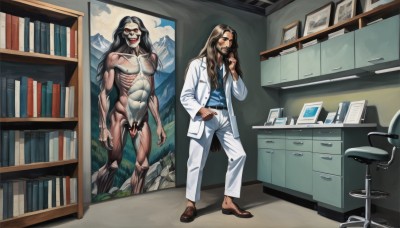 long hair,open mouth,brown hair,shirt,black hair,red eyes,1boy,standing,jacket,male focus,nude,censored,multiple boys,penis,glasses,teeth,belt,pants,indoors,2boys,book,bar censor,muscular,facial hair,chair,formal,abs,suit,blue shirt,muscular male,beard,desk,monster,mountain,white pants,mustache,labcoat,bookshelf,computer,monitor,flaccid,horror (theme),what,office chair,office,doctor,looking at viewer,full body,necktie,shoes,shadow,parody,brown footwear,white jacket,lamp,white suit