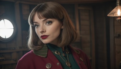 1girl,solo,looking at viewer,smile,short hair,bangs,brown hair,shirt,brown eyes,jewelry,jacket,upper body,parted lips,collared shirt,indoors,medium hair,necklace,blurry,lips,window,makeup,buttons,blurry background,lipstick,red jacket,freckles,green shirt,clock,red lips,artist name,black eyes,eyelashes,portrait,realistic,lamp