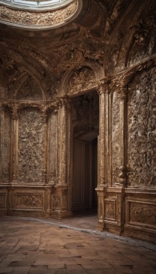 indoors,no humans,scenery,stairs,door,architecture,pillar,statue,arch,column,day,fantasy,wall,tile floor,throne,gate,stone floor,brick floor