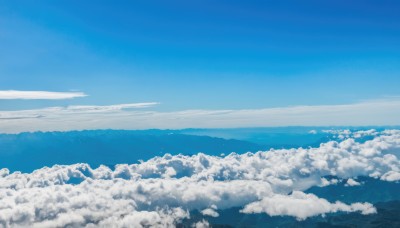 monochrome,outdoors,sky,day,cloud,blue sky,no humans,ocean,cloudy sky,nature,scenery,blue theme,mountain,horizon,landscape,above clouds,water,waves,island