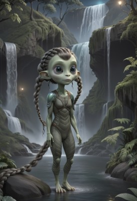 1girl,solo,long hair,breasts,black hair,very long hair,standing,tail,braid,nude,small breasts,outdoors,barefoot,pointy ears,water,black eyes,twin braids,tree,night,colored skin,plant,monster girl,nature,claws,fantasy,green skin,waterfall,fewer digits,kappa,blue eyes,brown hair,full body,sky,artist name,flat chest,leaf,night sky,goblin