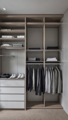 shirt,shoes,indoors,no humans,scenery,wooden floor,shoes removed,still life,ceiling light,sneakers,box,door,shelf,locker,ceiling,clothes