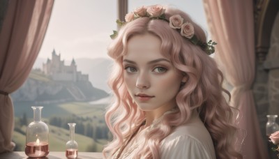 1girl,solo,long hair,looking at viewer,smile,shirt,hair ornament,green eyes,upper body,pink hair,flower,artist name,indoors,hair flower,blurry,lips,looking to the side,grey eyes,window,depth of field,blurry background,rose,wavy hair,bottle,curtains,pink flower,freckles,curly hair,realistic,candle,head wreath,pink rose,castle,potion,hairband,parted lips,signature,portrait,nose