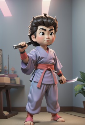 solo,short hair,brown hair,black hair,1boy,holding,closed mouth,standing,full body,weapon,male focus,japanese clothes,sword,indoors,holding weapon,black eyes,book,holding sword,table,thick eyebrows,aged down,knife,plant,wristband,child,dual wielding,potted plant,toeless legwear,male child,dougi,short sword,tantou,blush,barefoot,toes,spiked hair,realistic,ninja,lamp,reverse grip