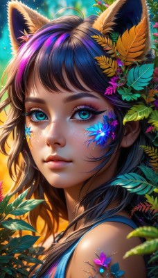 1girl,solo,long hair,looking at viewer,bangs,blue eyes,brown hair,black hair,hair ornament,animal ears,bare shoulders,closed mouth,upper body,purple hair,flower,multicolored hair,outdoors,sleeveless,day,artist name,cat ears,signature,hair flower,blurry,from side,aqua eyes,lips,eyelashes,tattoo,makeup,depth of field,blurry background,leaf,watermark,facial mark,sunlight,tank top,plant,lipstick,portrait,web address,close-up,eyeshadow,freckles,blue flower,pink lips,realistic,nose,purple flower,eyeliner,mascara,shirt,jewelry,shiny,necklace,streaked hair,fox ears,sleeveless shirt,bug,blue shirt,butterfly,dog ears,light particles,extra ears,facepaint,dappled sunlight,colorful