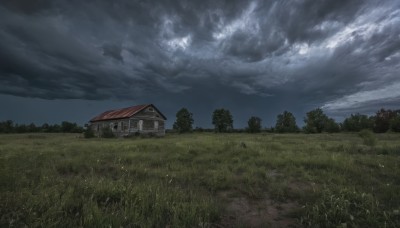 outdoors,sky,cloud,tree,no humans,window,night,cloudy sky,grass,building,nature,scenery,forest,field,house,path,day,night sky,bush,landscape