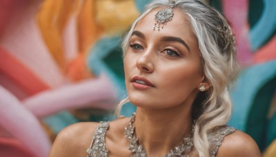 1girl,solo,long hair,looking at viewer,blue eyes,blonde hair,hair ornament,dress,bare shoulders,jewelry,white hair,earrings,parted lips,teeth,solo focus,necklace,blurry,lips,grey eyes,depth of field,blurry background,portrait,freckles,realistic,grey hair,makeup,lipstick,gem,close-up