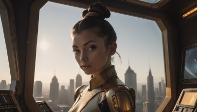 1girl,solo,looking at viewer,short hair,brown hair,black hair,brown eyes,jewelry,upper body,earrings,parted lips,sky,dark skin,hair bun,dark-skinned female,lips,window,bodysuit,single hair bun,building,portrait,backlighting,science fiction,city,realistic,nose,cityscape,skyscraper,very dark skin,artist name,armor,from side,eyelashes,makeup,eyeliner,spacecraft