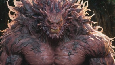 solo,looking at viewer,smile,open mouth,1boy,green eyes,upper body,male focus,teeth,blurry,muscular,blurry background,colored skin,pectorals,sharp teeth,muscular male,colored sclera,veins,monster,black sclera,horns,facial hair,fangs,nature,beard,forest,topless male,tusks