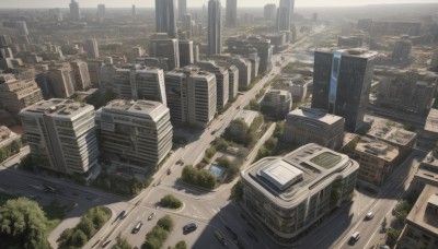 outdoors,sky,day,water,tree,no humans,window,from above,ground vehicle,building,scenery,motor vehicle,city,car,road,cityscape,ruins,river,skyscraper,truck