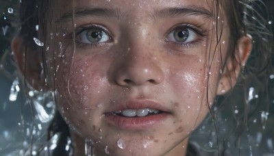 1girl,solo,looking at viewer,open mouth,brown hair,black hair,brown eyes,jewelry,earrings,parted lips,teeth,water,mole,blurry,lips,wet,eyelashes,portrait,close-up,freckles,rain,water drop,realistic,nose,wet hair,long hair,artist name,dirty