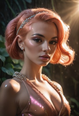 1girl,solo,breasts,looking at viewer,short hair,hair ornament,dress,cleavage,bare shoulders,jewelry,medium breasts,collarbone,upper body,hairband,earrings,parted lips,sleeveless,shiny,artist name,necklace,orange hair,blurry,black eyes,lips,shiny skin,eyelashes,makeup,blurry background,watermark,sunlight,lipstick,web address,freckles,beads,realistic,nose,dappled sunlight,pearl necklace,mascara,brown hair,brown eyes,sweat,eyeshadow,backlighting,light rays,light