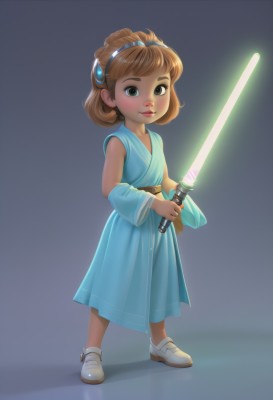 1girl,solo,looking at viewer,blush,smile,short hair,brown hair,hair ornament,dress,holding,brown eyes,standing,full body,weapon,hairband,detached sleeves,shoes,sleeveless,belt,sword,medium hair,holding weapon,lips,see-through,blue dress,glowing,holding sword,white footwear,aged down,child,female child,energy sword,lightsaber,science fiction,realistic