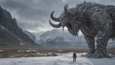 open mouth,red eyes,1boy,holding,standing,weapon,outdoors,horns,sky,teeth,day,sword,cloud,cape,glowing,animal,cloudy sky,sharp teeth,scenery,glowing eyes,snow,1other,monster,mountain,fantasy,size difference,giant,ambiguous gender,grey sky,solo,from behind,claws,snowing,mountainous horizon