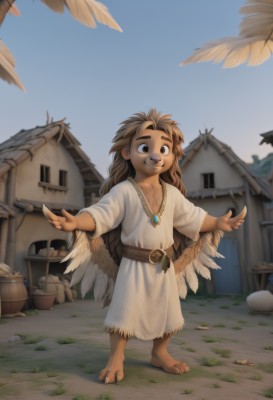 solo,long hair,looking at viewer,smile,brown hair,1boy,brown eyes,jewelry,closed mouth,standing,full body,male focus,outdoors,wings,sky,day,belt,necklace,tree,blue sky,thick eyebrows,feathers,building,child,feathered wings,furry,bucket,furry male,male child,house,barrel,open mouth,long sleeves,animal ears,collarbone,white shirt,food,barefoot,teeth,artist name,blurry,blurry background,leaf,grass,outstretched arms,claws,freckles,robe,spread arms,monster boy,tunic