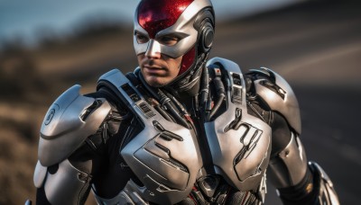 solo,1boy,brown eyes,upper body,male focus,armor,blurry,looking to the side,blurry background,facial hair,helmet,science fiction,realistic,cyborg,power armor,looking at viewer,lips,robot,serious