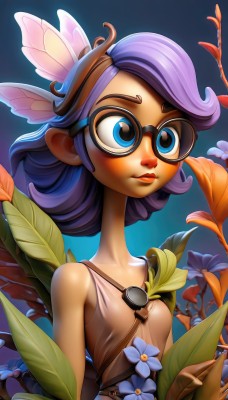 1girl,solo,breasts,blush,short hair,blue eyes,hair ornament,dress,bare shoulders,closed mouth,collarbone,upper body,purple hair,flower,small breasts,glasses,sleeveless,flat chest,lips,eyelashes,makeup,leaf,blue background,plant,freckles,black-framed eyewear,curly hair,nose,round eyewear,wings,goggles