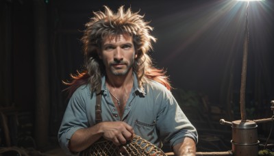 solo,long hair,looking at viewer,smile,brown hair,shirt,1boy,brown eyes,upper body,braid,male focus,multicolored hair,outdoors,collared shirt,blurry,blurry background,facial hair,scar,sunlight,blue shirt,messy hair,rope,beard,sleeves rolled up,realistic,mustache,chest hair,arm hair,barrel,blue eyes,jewelry,necklace,black background