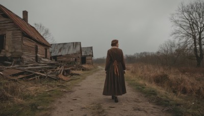 solo,short hair,black hair,long sleeves,1boy,hat,standing,male focus,outdoors,sky,day,cloud,from behind,black footwear,tree,coat,black headwear,grass,building,scenery,walking,ruins,house,wide shot,bare tree,grey sky,brown hair,fence,road