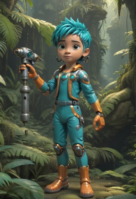 solo,looking at viewer,short hair,gloves,1boy,holding,brown eyes,jewelry,blue hair,standing,full body,weapon,male focus,earrings,boots,outdoors,belt,dark skin,tree,lips,gun,aqua hair,bodysuit,leaf,watermark,plant,child,nature,forest,science fiction,male child,energy gun,fingerless gloves,dark-skinned male,robot,spiked hair,web address