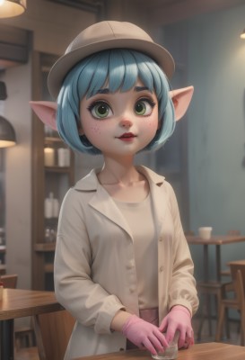 1girl,solo,looking at viewer,short hair,bangs,skirt,shirt,gloves,long sleeves,hat,holding,green eyes,blue hair,collarbone,jacket,white shirt,parted lips,open clothes,teeth,pointy ears,indoors,blurry,cup,coat,buttons,depth of field,blurry background,table,freckles,pink gloves,upper body,lips,watermark,elf