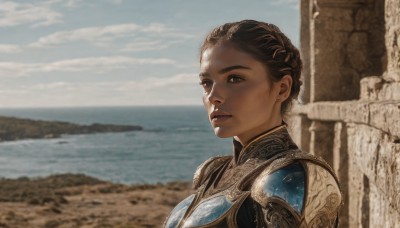 1girl,solo,looking at viewer,short hair,brown hair,brown eyes,upper body,braid,outdoors,parted lips,sky,day,cloud,water,hair bun,armor,blurry,blue sky,lips,blurry background,ocean,portrait,breastplate,realistic,nose,jewelry,earrings,dark skin,from side,dark-skinned female,beach,cloudy sky,shoulder armor,pauldrons,sand,horizon