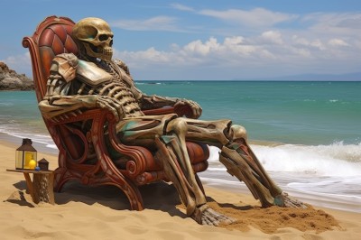 solo,1boy,sitting,male focus,outdoors,sky,day,cloud,water,blue sky,no humans,ocean,chair,beach,robot,science fiction,skull,lantern,sand,horizon,lamp,skeleton,armor,crossed legs,power armor