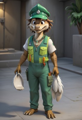 solo,looking at viewer,smile,brown hair,shirt,1boy,hat,holding,brown eyes,jewelry,standing,tail,full body,white shirt,short sleeves,male focus,barefoot,necklace,vest,feathers,claws,furry,green headwear,potted plant,furry male,digitigrade,teeth,uniform,black eyes,plant,fish,overalls