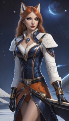 1girl,solo,long hair,breasts,looking at viewer,large breasts,brown hair,gloves,long sleeves,animal ears,cleavage,brown eyes,jewelry,medium breasts,standing,weapon,cowboy shot,earrings,sky,black gloves,belt,sword,cat ears,armor,lips,fur trim,fox ears,makeup,night,moon,lipstick,gem,star (sky),night sky,starry sky,red lips,space,planet,blue eyes,red hair,outdoors,artist name,necklace,orange hair,mole,grey eyes,realistic