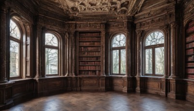 day,indoors,tree,book,no humans,window,sunlight,scenery,wooden floor,bookshelf,pillar,gears,library,arch,reflective floor,chair,table,desk,reflection,candle,bare tree,candlestand