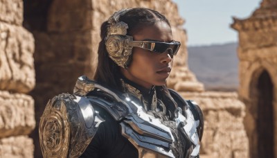 1girl,solo,long hair,brown hair,black hair,1boy,closed mouth,upper body,male focus,outdoors,day,dark skin,armor,blurry,dark-skinned female,lips,blurry background,sunglasses,dark-skinned male,goggles,shoulder armor,realistic,very dark skin,dreadlocks,parody,portrait,pauldrons