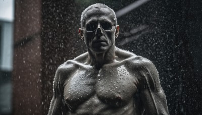 solo,looking at viewer,1boy,closed mouth,upper body,male focus,glasses,blurry,wet,muscular,facial hair,parody,sunglasses,rain,realistic,manly,old,chest hair,old man,short hair,nipples,collarbone,blurry background,pectorals,muscular male,meme,snowing