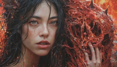 1girl,solo,long hair,looking at viewer,black hair,holding,brown eyes,parted lips,teeth,lips,fingernails,grey eyes,blood,makeup,fire,portrait,freckles,skull,realistic,red lips,bangs,horns,hand up,eyelashes,veins,blood on face,nose