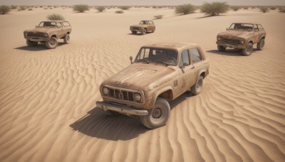 outdoors,tree,no humans,shadow,ground vehicle,motor vehicle,sand,palm tree,car,road,vehicle focus,desert,wheel,truck,beach,grass