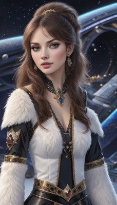 1girl,solo,long hair,breasts,looking at viewer,brown hair,dress,cleavage,brown eyes,jewelry,medium breasts,upper body,ponytail,earrings,parted lips,choker,necklace,lips,fur trim,makeup,wavy hair,gem,star (sky),freckles,science fiction,realistic,red lips,space,planet,bangs,artist name,parted bangs,fur