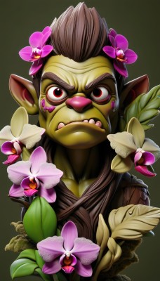 solo,looking at viewer,simple background,brown hair,hair ornament,red eyes,1boy,closed mouth,upper body,flower,male focus,teeth,pointy ears,hair flower,colored skin,frown,leaf,fangs,thick eyebrows,plant,angry,pink flower,green background,green skin,mohawk,orc,tusks,yellow skin