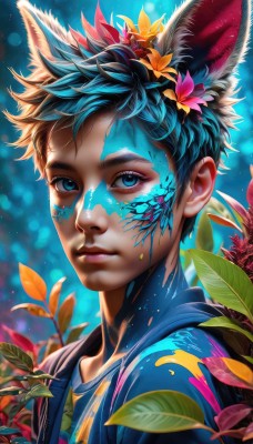 solo,looking at viewer,short hair,blue eyes,shirt,hair ornament,1boy,animal ears,closed mouth,blue hair,upper body,flower,male focus,artist name,signature,hair flower,blurry,lips,fox ears,eyelashes,depth of field,blurry background,leaf,watermark,blue background,facial mark,blue shirt,plant,portrait,web address,light particles,realistic,nose,facepaint,extra ears,bodypaint,paint splatter,paint,paint splatter on face