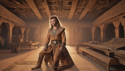 solo,long hair,looking at viewer,brown hair,long sleeves,1boy,brown eyes,jewelry,closed mouth,standing,full body,male focus,earrings,boots,belt,pants,indoors,necklace,brown footwear,table,stairs,brown pants,sepia,tunic,brown theme,carpet,black hair,statue