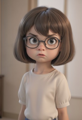 1girl,solo,looking at viewer,short hair,bangs,skirt,brown hair,shirt,brown eyes,white shirt,upper body,short sleeves,parted lips,glasses,teeth,indoors,blurry,lips,blue skirt,blurry background,bob cut,child,freckles,black-framed eyewear,female child,collarbone,artist name,window,aged down,t-shirt,realistic,nose,arms at sides