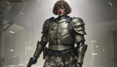 solo,looking at viewer,smile,short hair,brown hair,1boy,holding,brown eyes,weapon,male focus,teeth,belt,dark skin,holding weapon,armor,uniform,dark-skinned female,lips,gun,military,military uniform,dark-skinned male,shoulder armor,gauntlets,holding gun,handgun,curly hair,pauldrons,pouch,breastplate,facepaint,camouflage,very dark skin,dreadlocks,afro,plate armor,1girl,blue eyes,gloves,standing,cowboy shot,black gloves,pants,grin,blurry,camouflage pants,clown