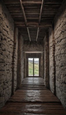 outdoors,day,indoors,no humans,window,grass,scenery,wooden floor,stairs,door,wall,wood,sky,tree,ruins,hallway