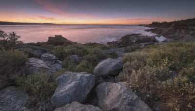 outdoors,sky,cloud,water,tree,no humans,ocean,grass,plant,nature,scenery,forest,sunset,rock,mountain,horizon,river,evening,landscape,gradient sky,shore,cliff,beach,cloudy sky