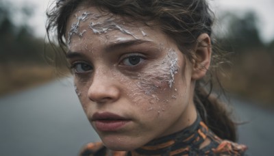 1girl,solo,long hair,looking at viewer,brown hair,black hair,ponytail,parted lips,blurry,black eyes,lips,depth of field,blurry background,chain,portrait,freckles,realistic,nose,brown eyes,closed mouth,close-up,dirty