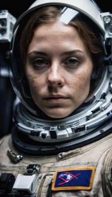 1girl,solo,looking at viewer,brown hair,brown eyes,closed mouth,upper body,lips,helmet,portrait,freckles,reflection,science fiction,realistic,space,spacesuit,space helmet,astronaut,1boy,male focus,blurry,close-up,serious,logo,planet,dirty,earth (planet)