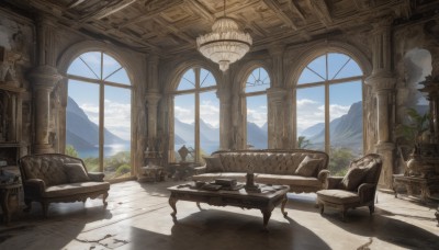 sky,day,cloud,indoors,tree,cup,blue sky,pillow,book,no humans,window,shadow,chair,table,sunlight,plant,curtains,scenery,couch,teacup,wooden floor,mountain,potted plant,lamp,shade,teapot,cushion,pillar,carpet,rug,candle,ruins,vase,statue,landscape,painting (object),candlestand,chandelier,column