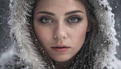 1girl,solo,long hair,looking at viewer,brown hair,black hair,closed mouth,parted lips,artist name,hood,mole,lips,grey eyes,eyelashes,portrait,breath,snow,close-up,hood up,freckles,snowing,realistic,nose,winter,straight-on,eye focus,mole on cheek,brown eyes,blurry,fur trim