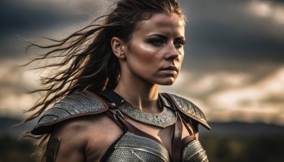 1girl,solo,long hair,brown hair,black hair,brown eyes,jewelry,closed mouth,upper body,earrings,outdoors,parted lips,dark skin,armor,blurry,dark-skinned female,lips,looking to the side,floating hair,blurry background,shoulder armor,pauldrons,breastplate,realistic,nose,looking afar,chainmail,sky,cloud,mole,scar,wind