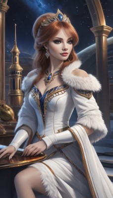 1girl,solo,long hair,breasts,looking at viewer,smile,blue eyes,large breasts,brown hair,dress,cleavage,bare shoulders,jewelry,medium breasts,sitting,earrings,sky,necklace,white dress,lips,fur trim,makeup,night,watermark,tiara,crown,lipstick,gem,instrument,star (sky),night sky,starry sky,red lips,harp,parted lips,realistic,piano