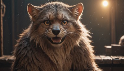 solo,looking at viewer,open mouth,outdoors,teeth,blurry,orange eyes,no humans,night,depth of field,blurry background,chain,animal,fangs,cat,rain,realistic,animal focus,whiskers,brown fur,yellow eyes,close-up,colored sclera,light,lamppost,yellow sclera