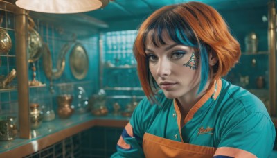 1girl,solo,looking at viewer,short hair,bangs,brown hair,shirt,black hair,brown eyes,jewelry,upper body,short sleeves,multicolored hair,earrings,parted lips,artist name,indoors,blurry,black eyes,apron,two-tone hair,lips,grey eyes,eyelashes,tattoo,makeup,depth of field,blurry background,watermark,blue shirt,realistic,nose,kitchen,shop,counter,aqua shirt,closed mouth,blue hair,orange hair,streaked hair,freckles,facepaint,facial tattoo